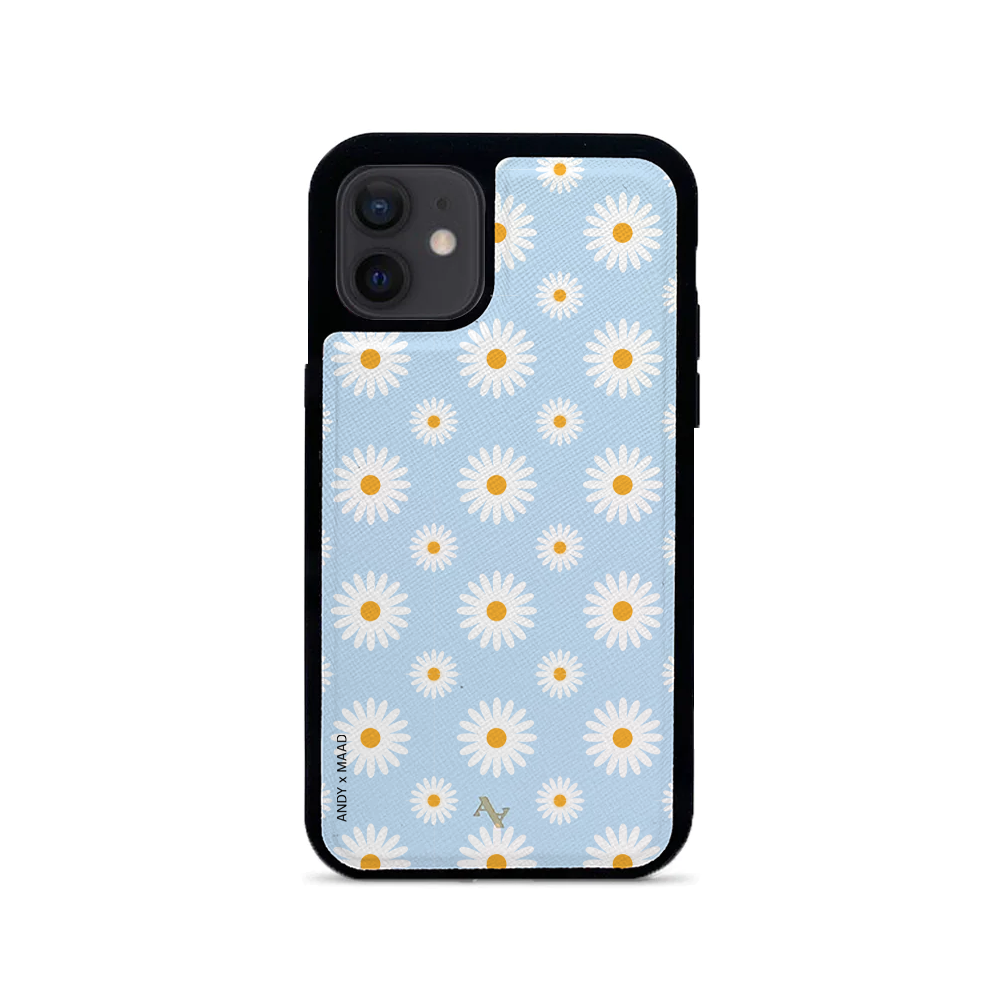 Andy x MAAD - Blue Daisies White IPhone 12 Mini Leather Case